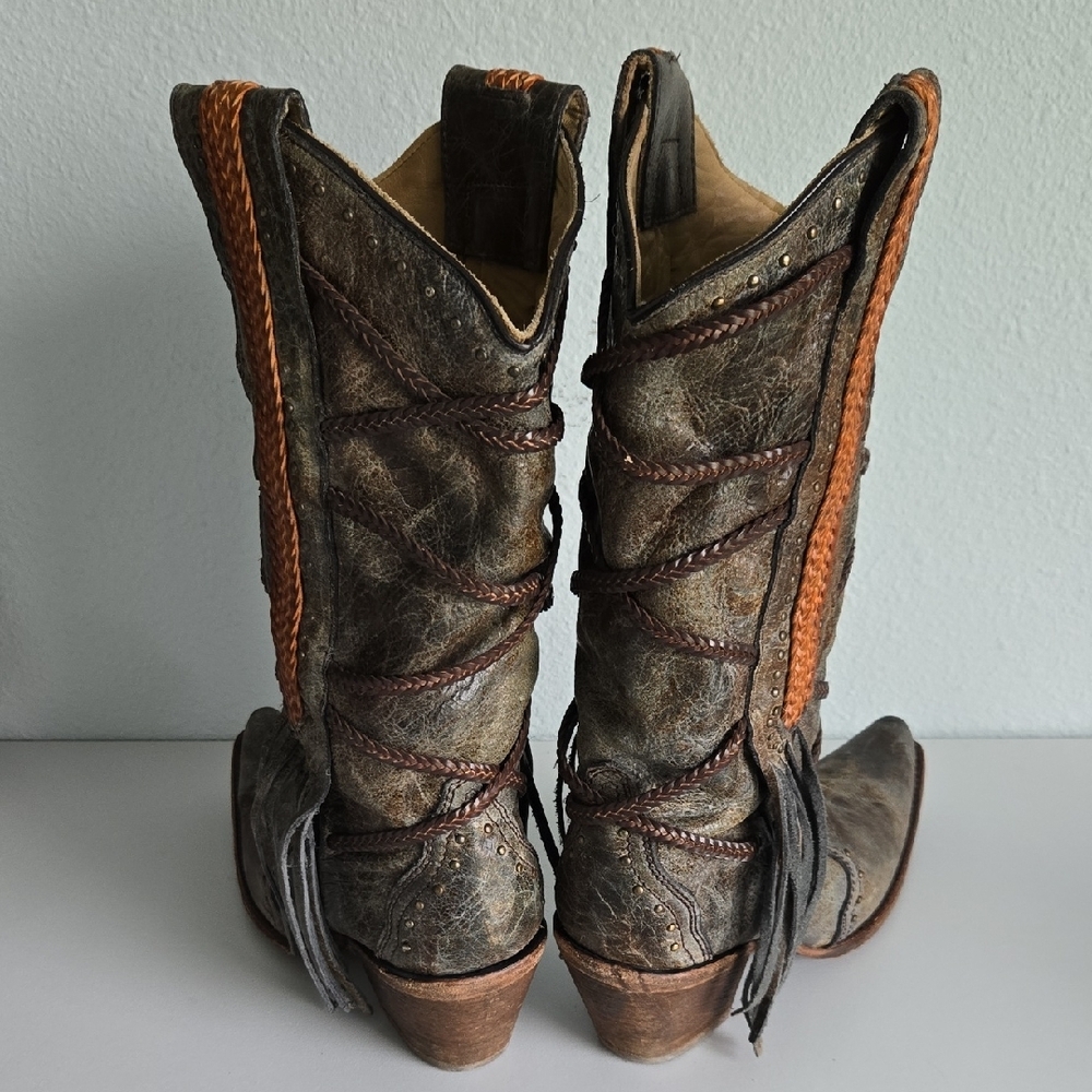 Vintage Leather Heeled Boots with Fringe - Picture 6 of 13